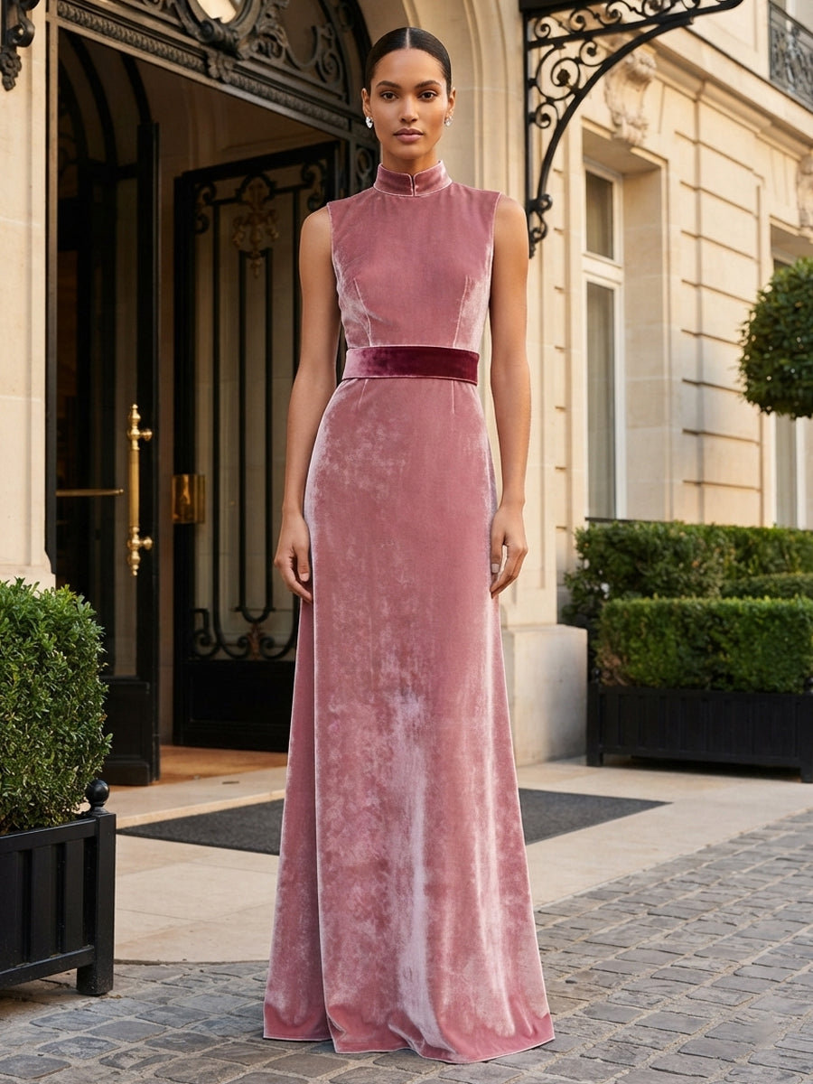 A-Line/Princess High Neck Velvet Maxi Formal Dresses with Belt