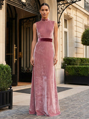A-Line/Princess High Neck Velvet Maxi Formal Dresses with Belt