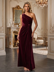 A-Line/Princess One Shoulder Velvet Maxi Formal Dresses with Ruched Waist