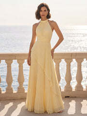 A-Line/Princess Halter Chiffon Maxi Formal Dresses with Pleats
