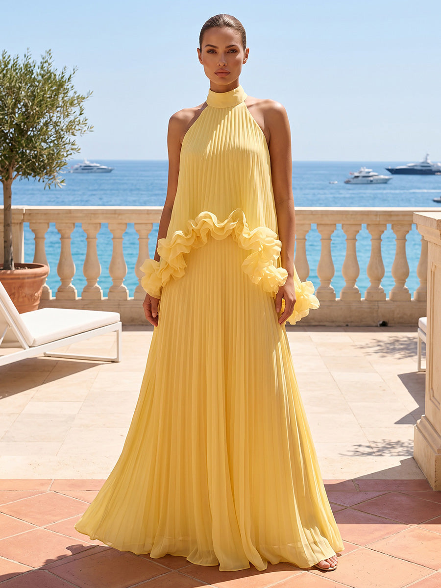 A-Line/Princess Halter Chiffon Maxi Formal Dresses with Ruffles & Pleats