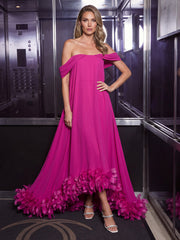 A-Line/Princess Off Shoulder Chiffon High-Low Formal Dresses with Feather Trim & Pleats