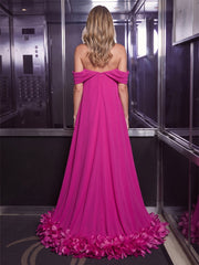 A-Line/Princess Off Shoulder Chiffon High-Low Formal Dresses with Feather Trim & Pleats