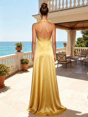 A-Line/Princess Halter Satin Maxi Formal Dresses with 3D Flowers & Pleats