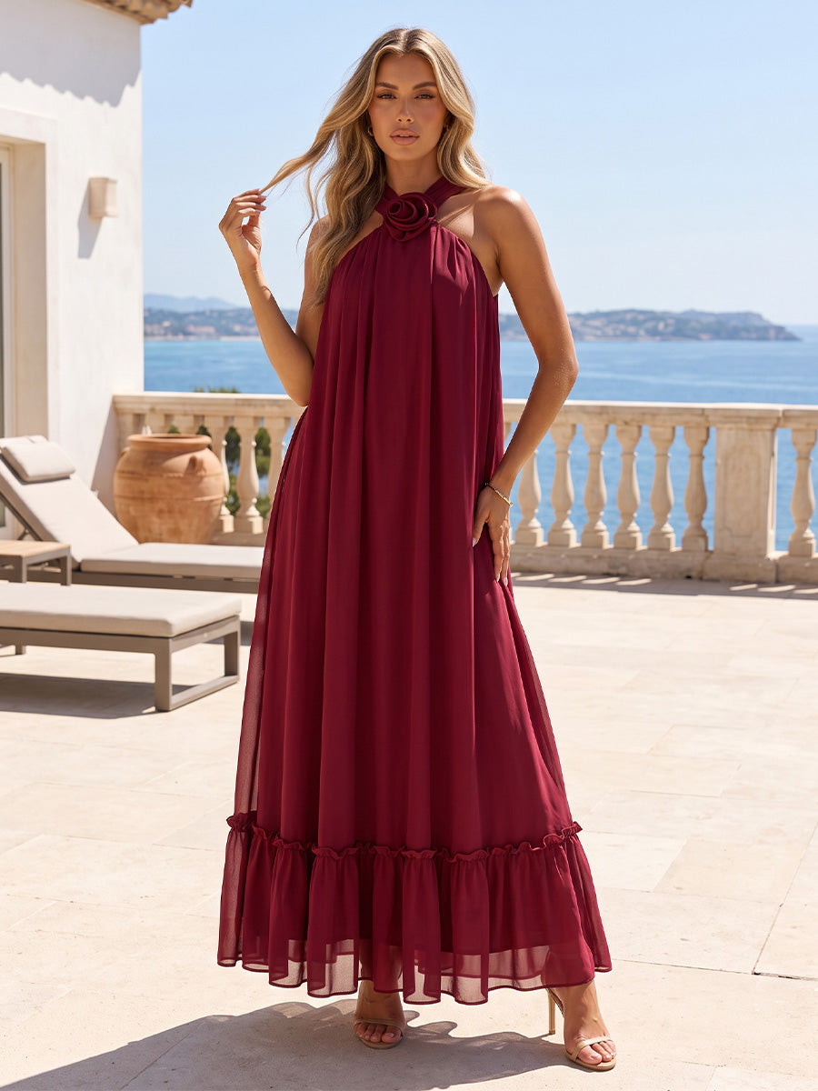 A-Line/Princess Halter Chiffon Maxi Formal Dresses with Pleats