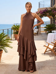 A-Line/Princess High Neck Chiffon Maxi Formal Dresses with Tiered Layers & Ruffles