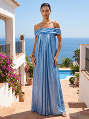 A-Line/Princess Off Shoulder Metallic Satin Maxi Formal Dresses with Pleats