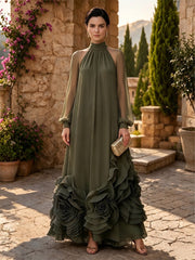 A-Line/Princess High Neck Chiffon Maxi Formal Dresses with Ruffles & Pleats