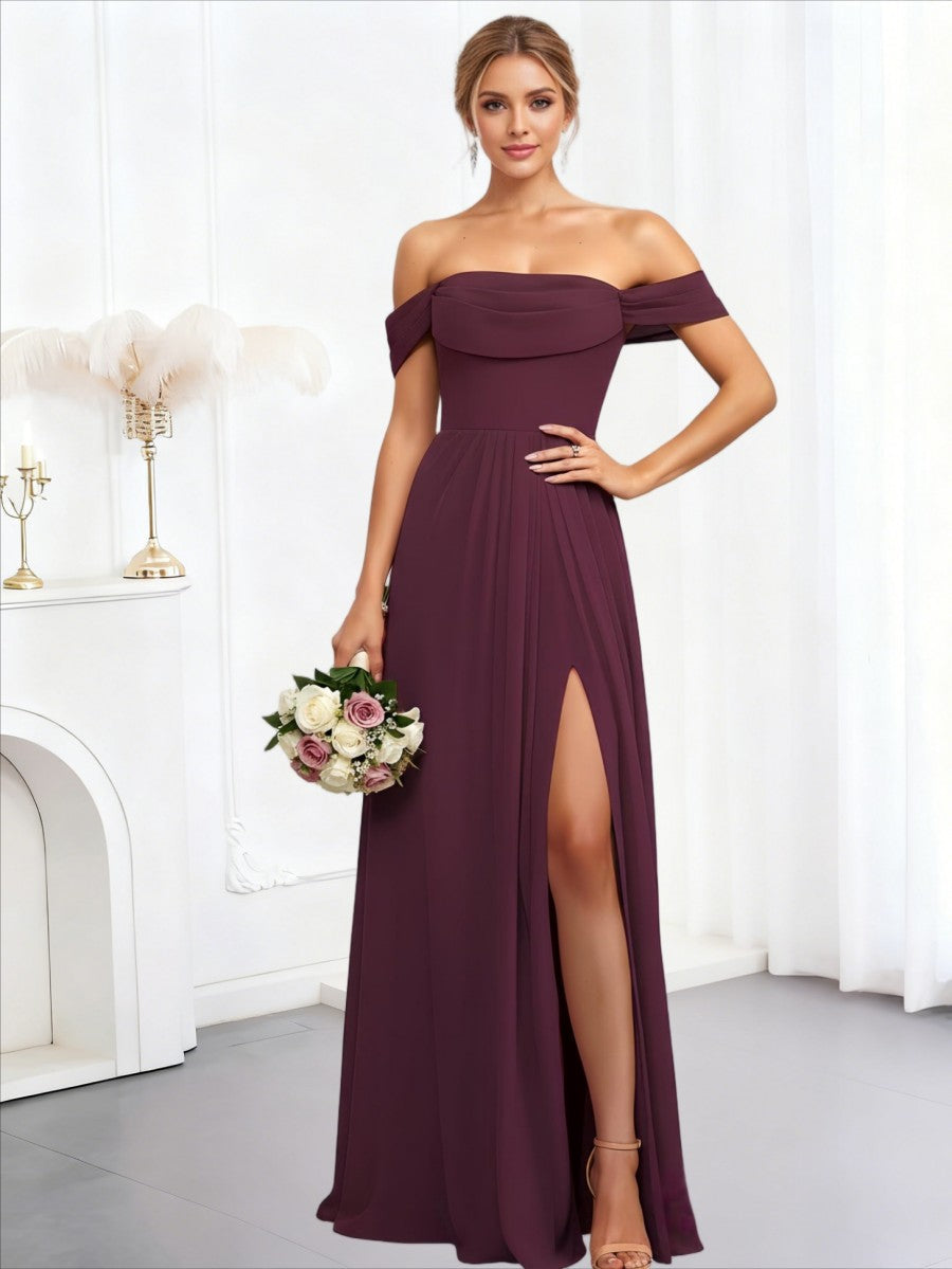 A-Line/Princess Off Shoulder Chiffon Floor-Length Bridesmaid Dresses