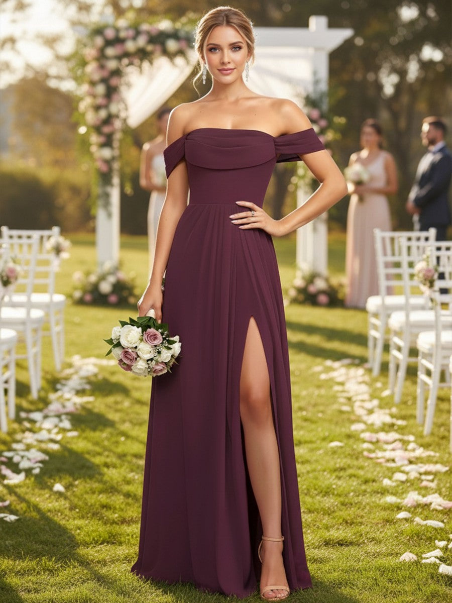 A-Line/Princess Off Shoulder Chiffon Floor-Length Bridesmaid Dresses