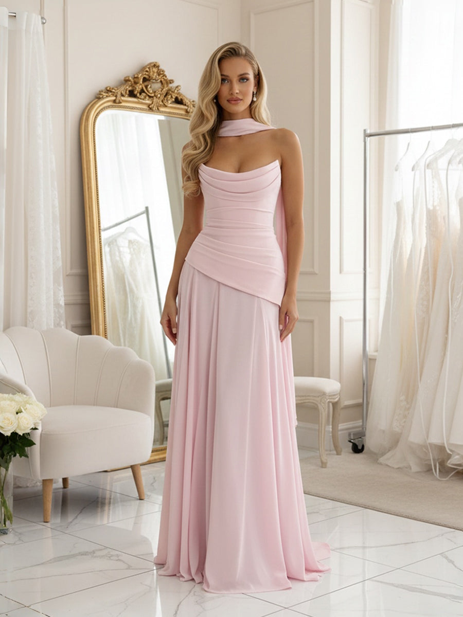 A-Line/Princess Drop Waist Floor-Length Wedding Guest Dresses with Scarf Women Formal Gowns