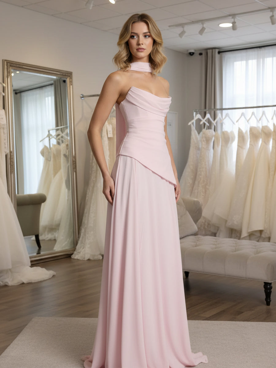 A-Line/Princess Drop Waist Floor-Length Wedding Guest Dresses with Scarf Women Formal Gowns