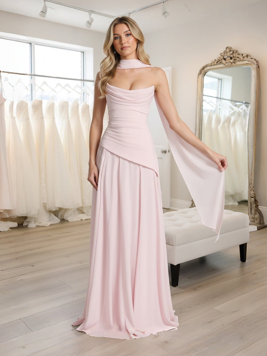 A-Line/Princess Drop Waist Floor-Length Wedding Guest Dresses with Scarf Women Formal Gowns