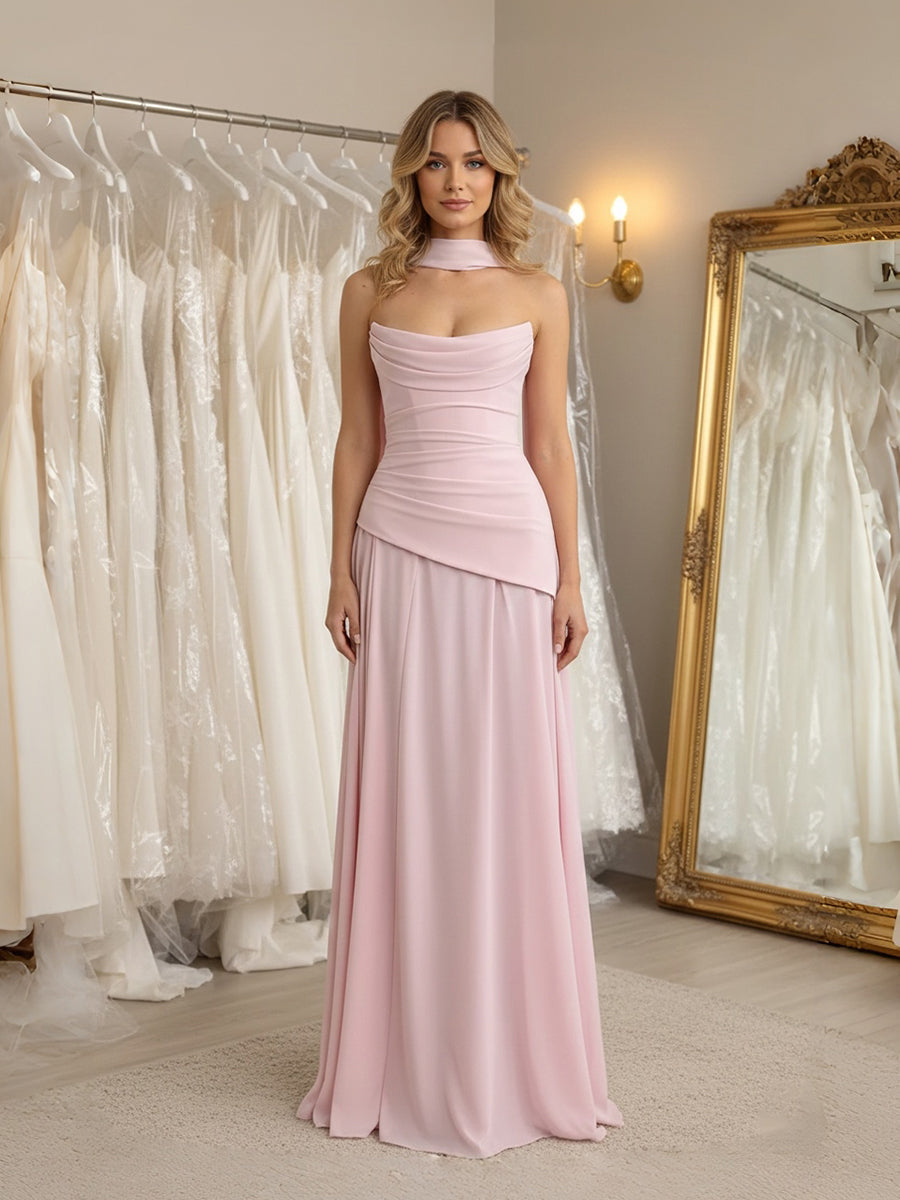 A-Line/Princess Drop Waist Floor-Length Wedding Guest Dresses with Scarf Women Formal Gowns
