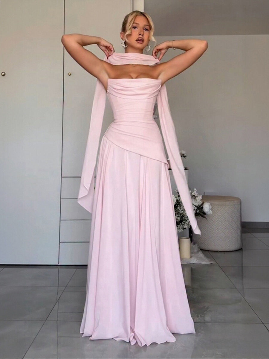 A-Line/Princess Drop Waist Floor-Length Wedding Guest Dresses with Scarf Women Formal Gowns