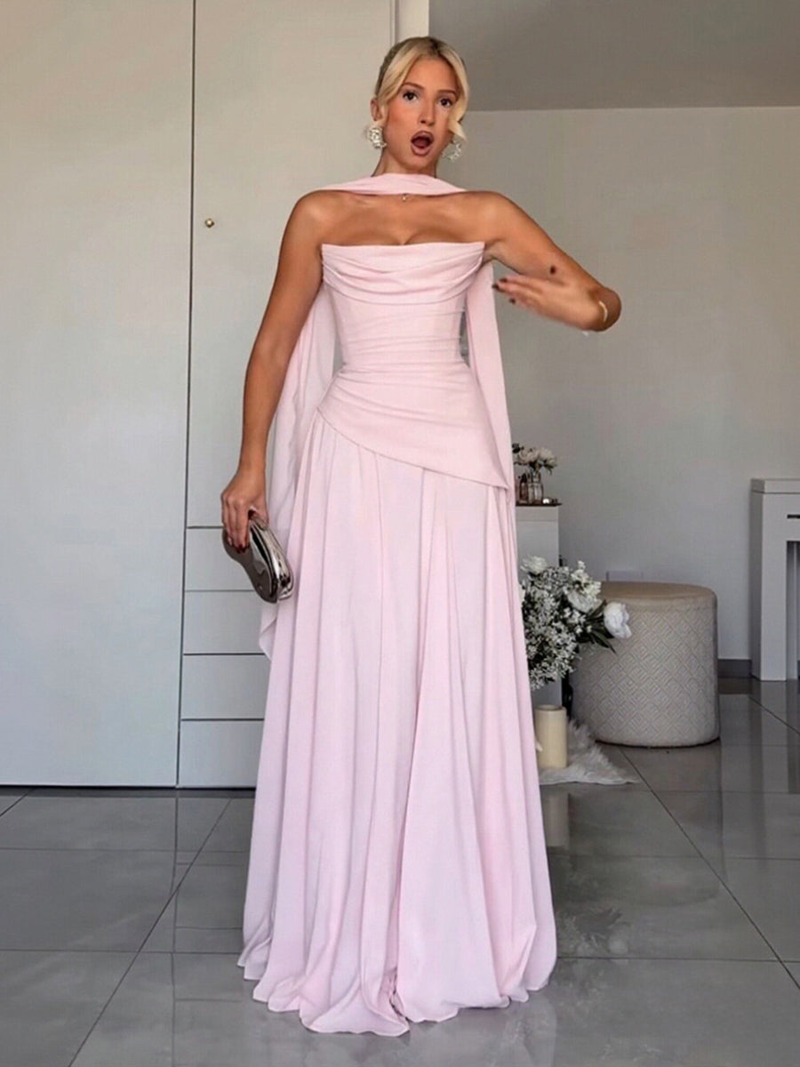 A-Line/Princess Drop Waist Floor-Length Wedding Guest Dresses with Scarf Women Formal Gowns