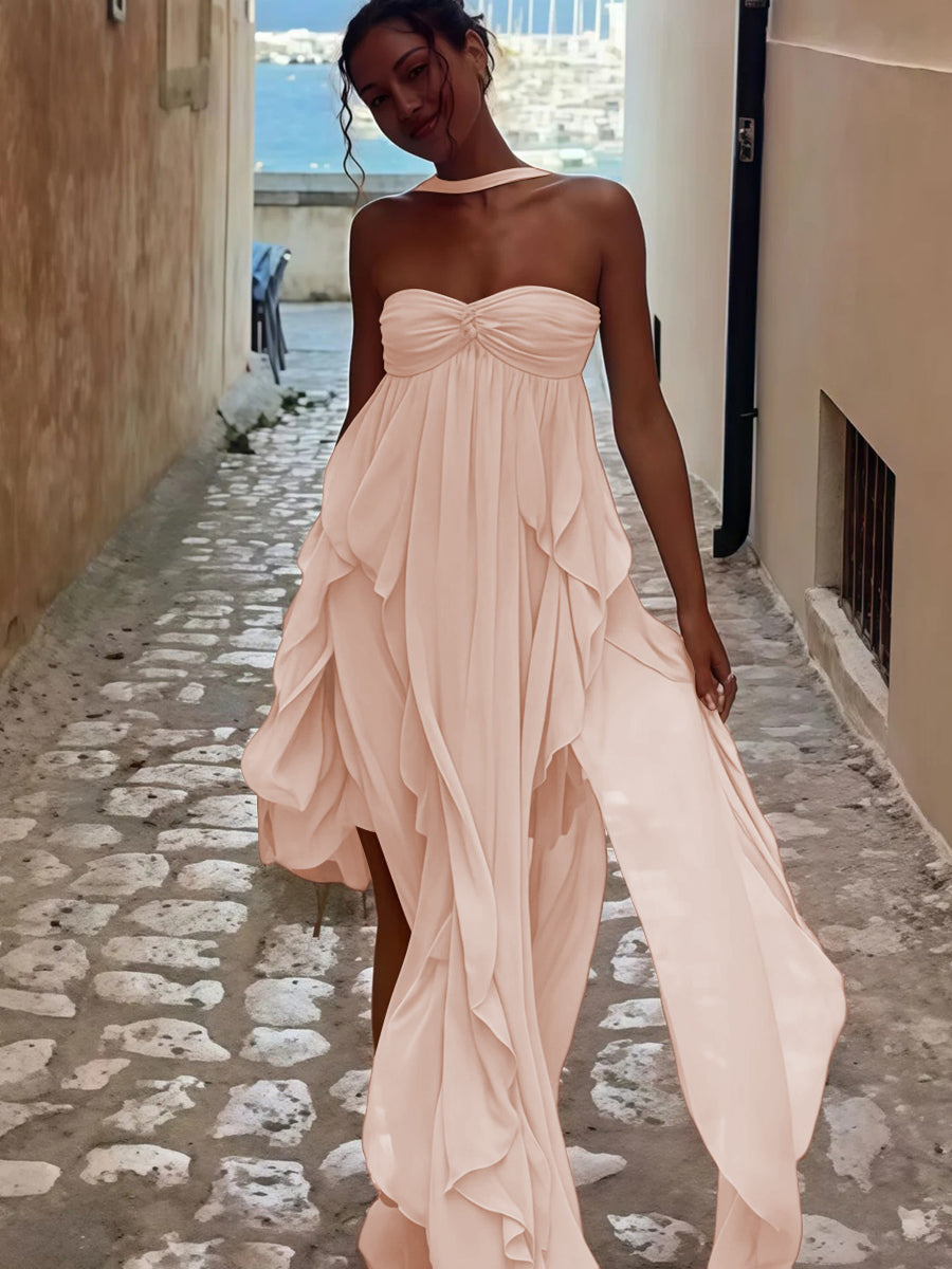 A-Line/Princess Convertible Ruffle Floor-Length Wedding Guest Dresses Women Formal Gowns