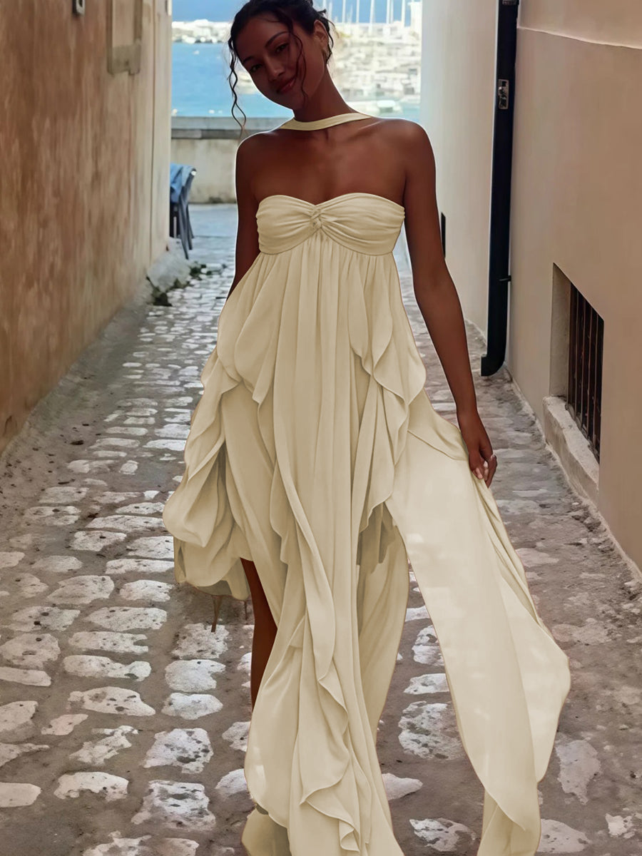 A-Line/Princess Convertible Ruffle Floor-Length Wedding Guest Dresses Women Formal Gowns