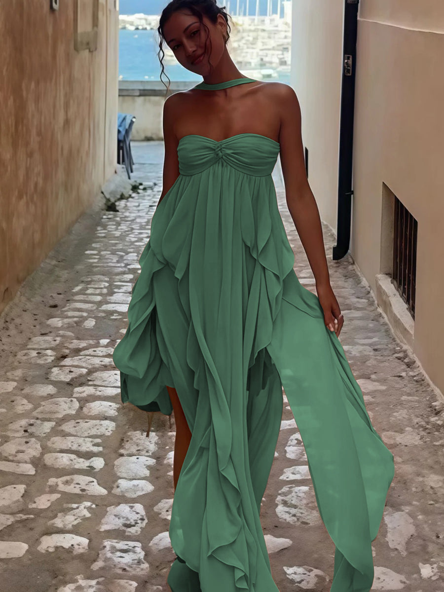A-Line/Princess Convertible Ruffle Floor-Length Wedding Guest Dresses Women Formal Gowns