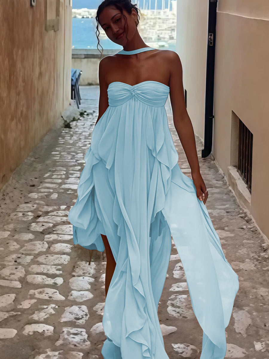A-Line/Princess Convertible Ruffle Floor-Length Wedding Guest Dresses Women Formal Gowns
