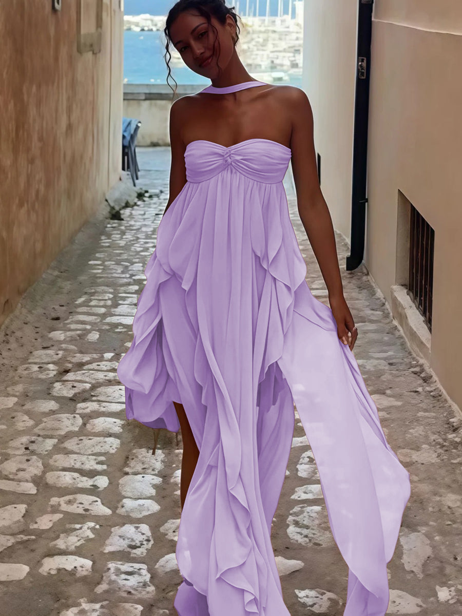 A-Line/Princess Convertible Ruffle Floor-Length Wedding Guest Dresses Women Formal Gowns