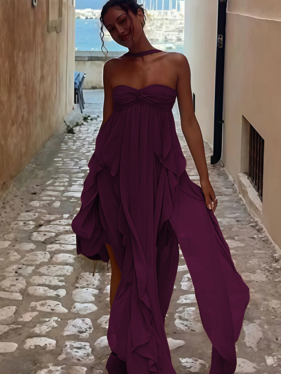 A-Line/Princess Convertible Ruffle Floor-Length Wedding Guest Dresses Women Formal Gowns