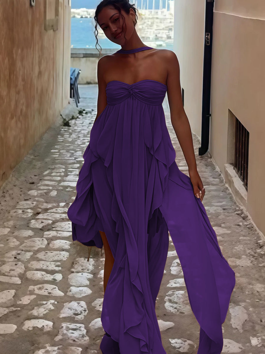 A-Line/Princess Convertible Ruffle Floor-Length Wedding Guest Dresses Women Formal Gowns