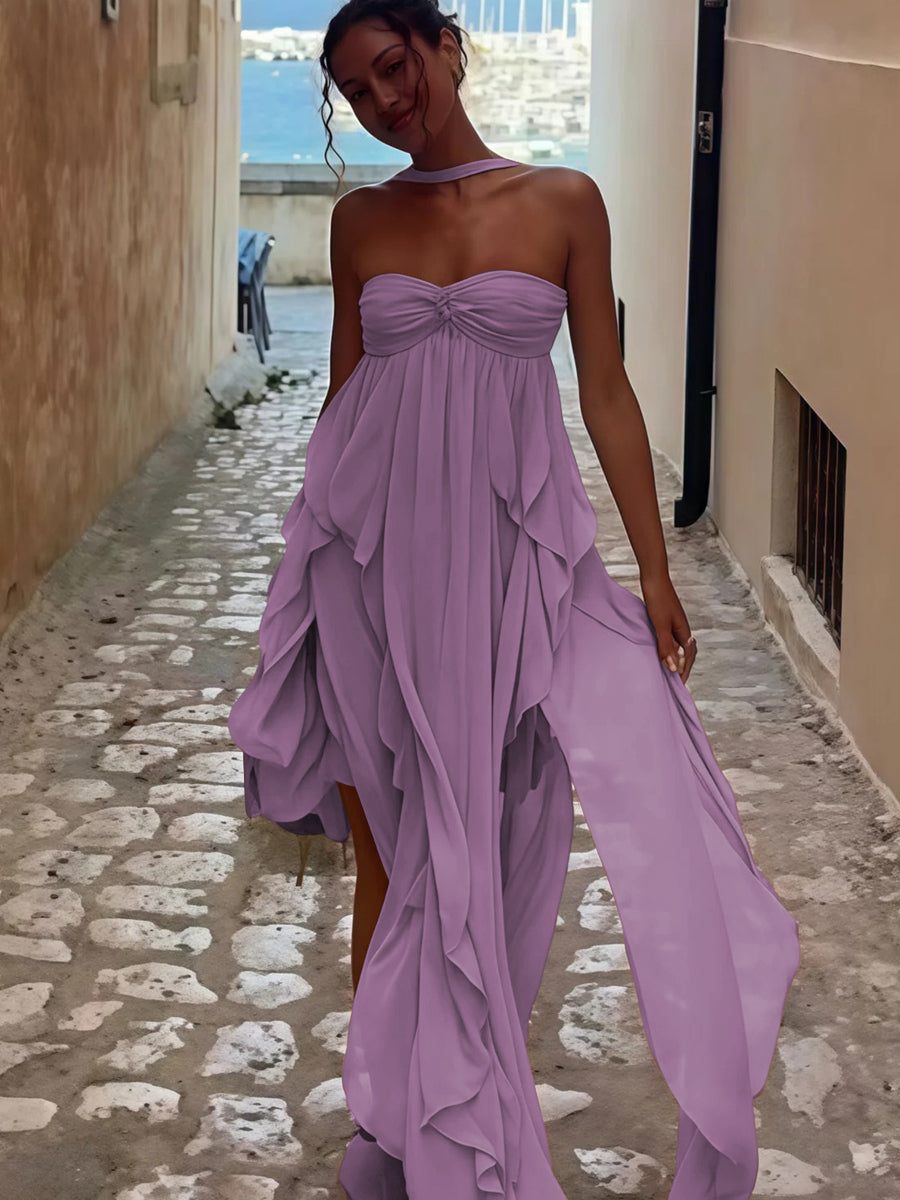 A-Line/Princess Convertible Ruffle Floor-Length Wedding Guest Dresses Women Formal Gowns