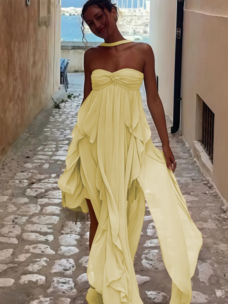A-Line/Princess Convertible Ruffle Floor-Length Wedding Guest Dresses Women Formal Gowns