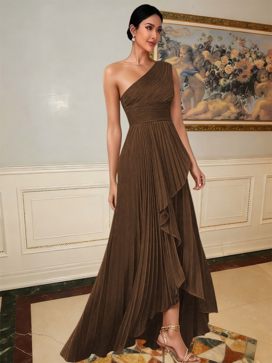 A-Line/Princess One Shoulder Pleated Satin Floor-Length Formal Dresses with Ruffle