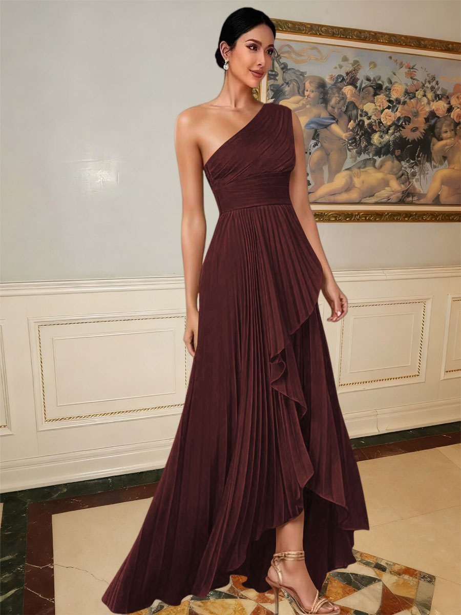 A-Line/Princess One Shoulder Pleated Satin Floor-Length Formal Dresses with Ruffle
