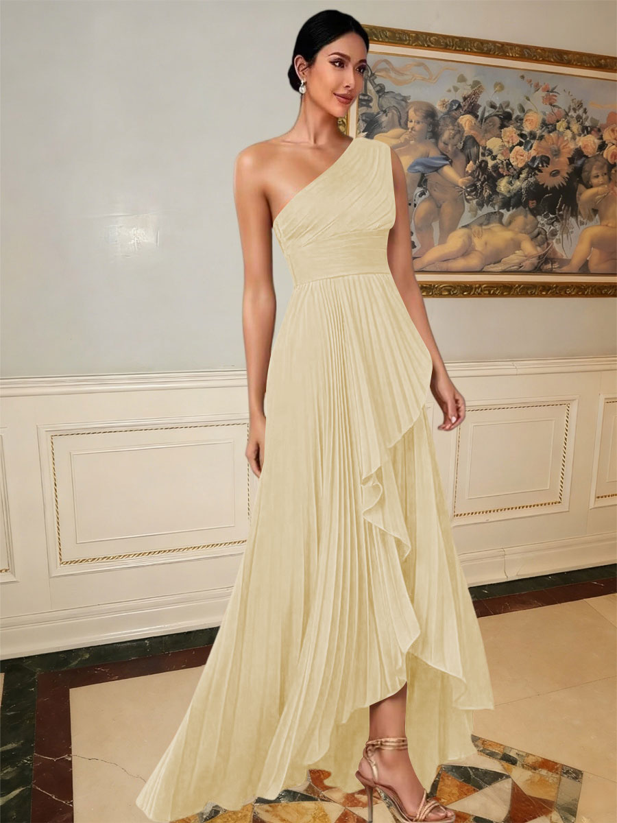 A-Line/Princess One Shoulder Pleated Satin Floor-Length Formal Dresses with Ruffle
