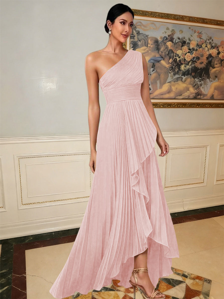 A-Line/Princess One Shoulder Pleated Satin Floor-Length Formal Dresses with Ruffle