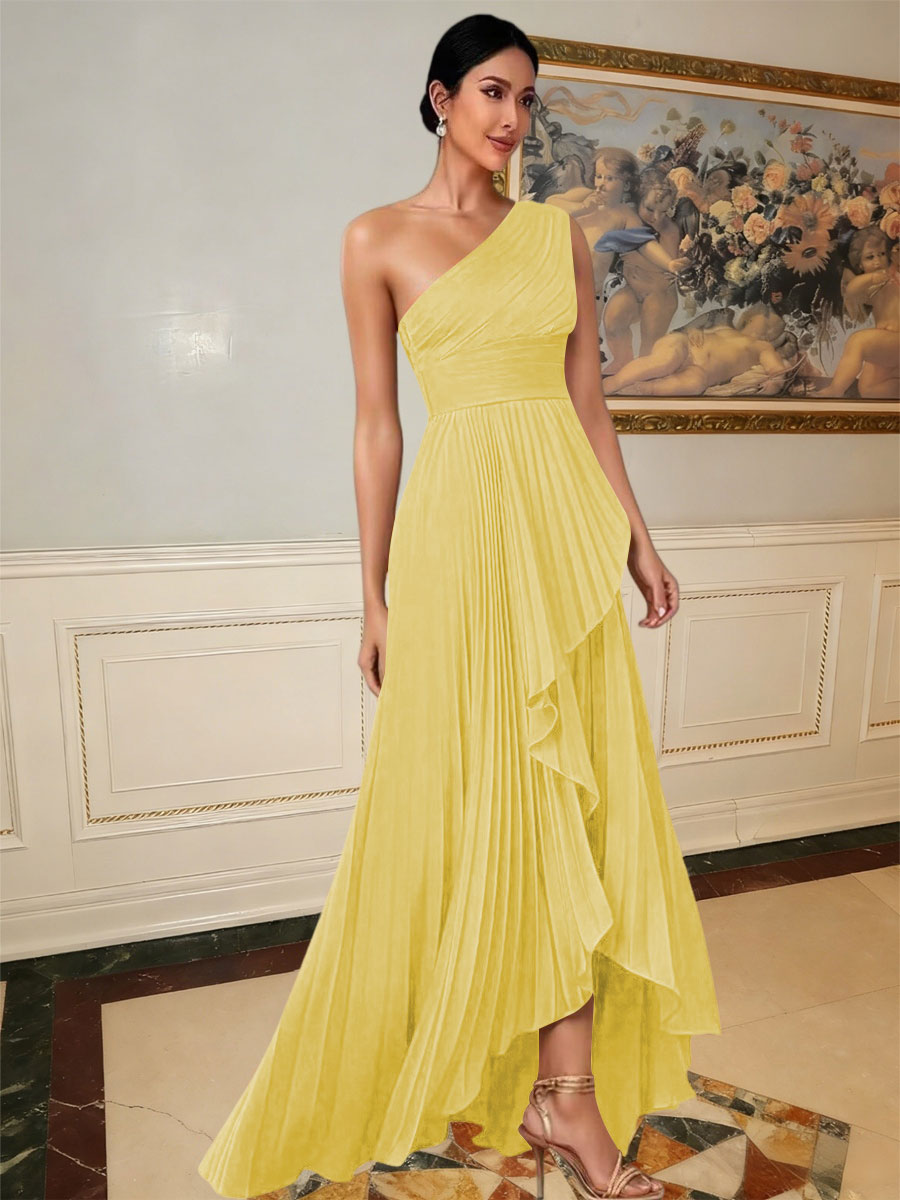 A-Line/Princess One Shoulder Pleated Satin Floor-Length Formal Dresses with Ruffle