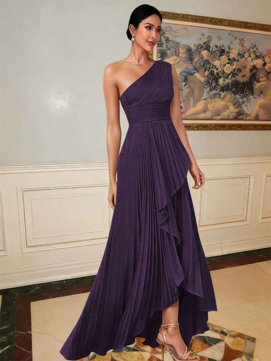 A-Line/Princess One Shoulder Pleated Satin Floor-Length Formal Dresses with Ruffle