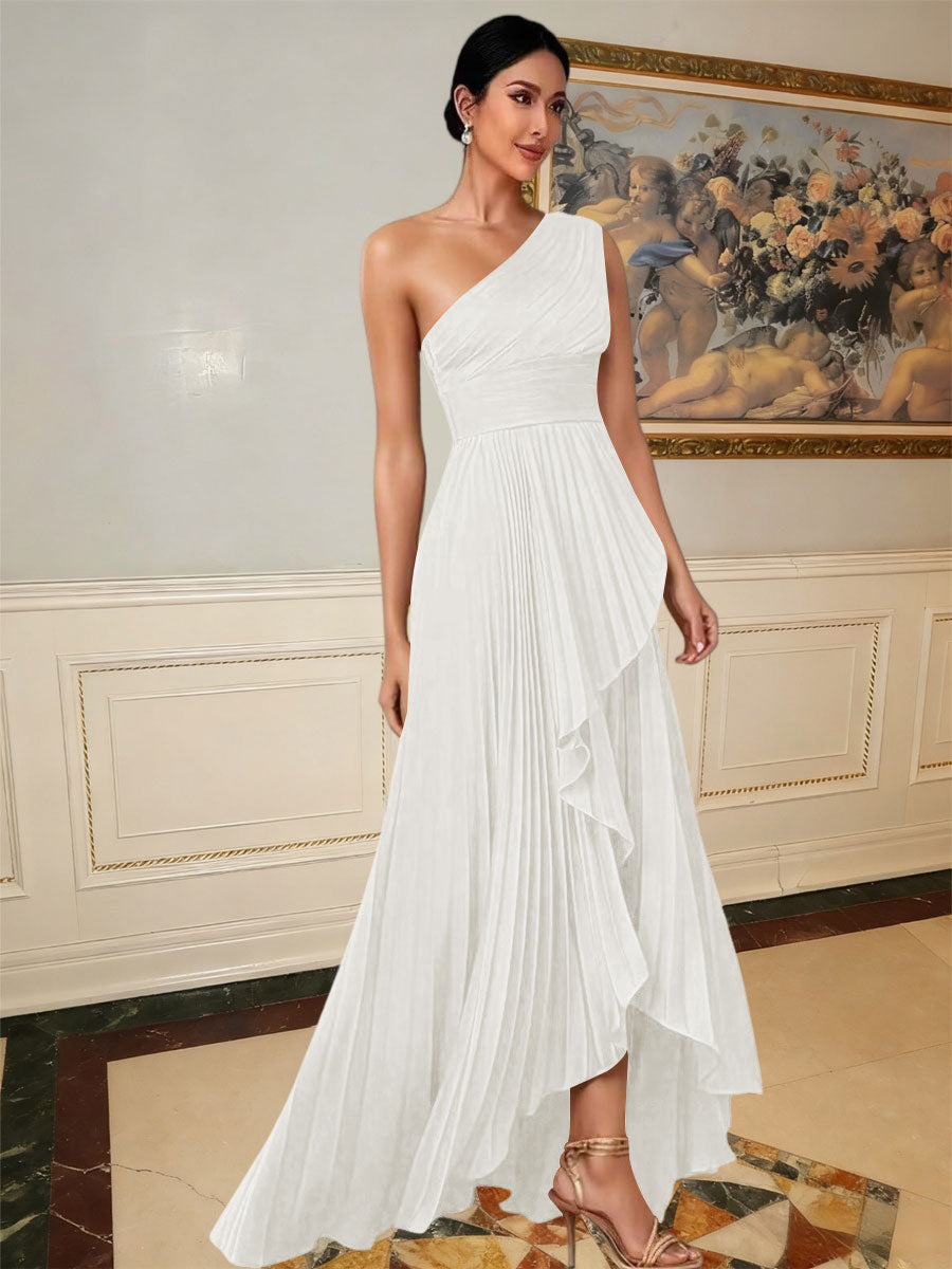 A-Line/Princess One Shoulder Pleated Satin Floor-Length Formal Dresses with Ruffle