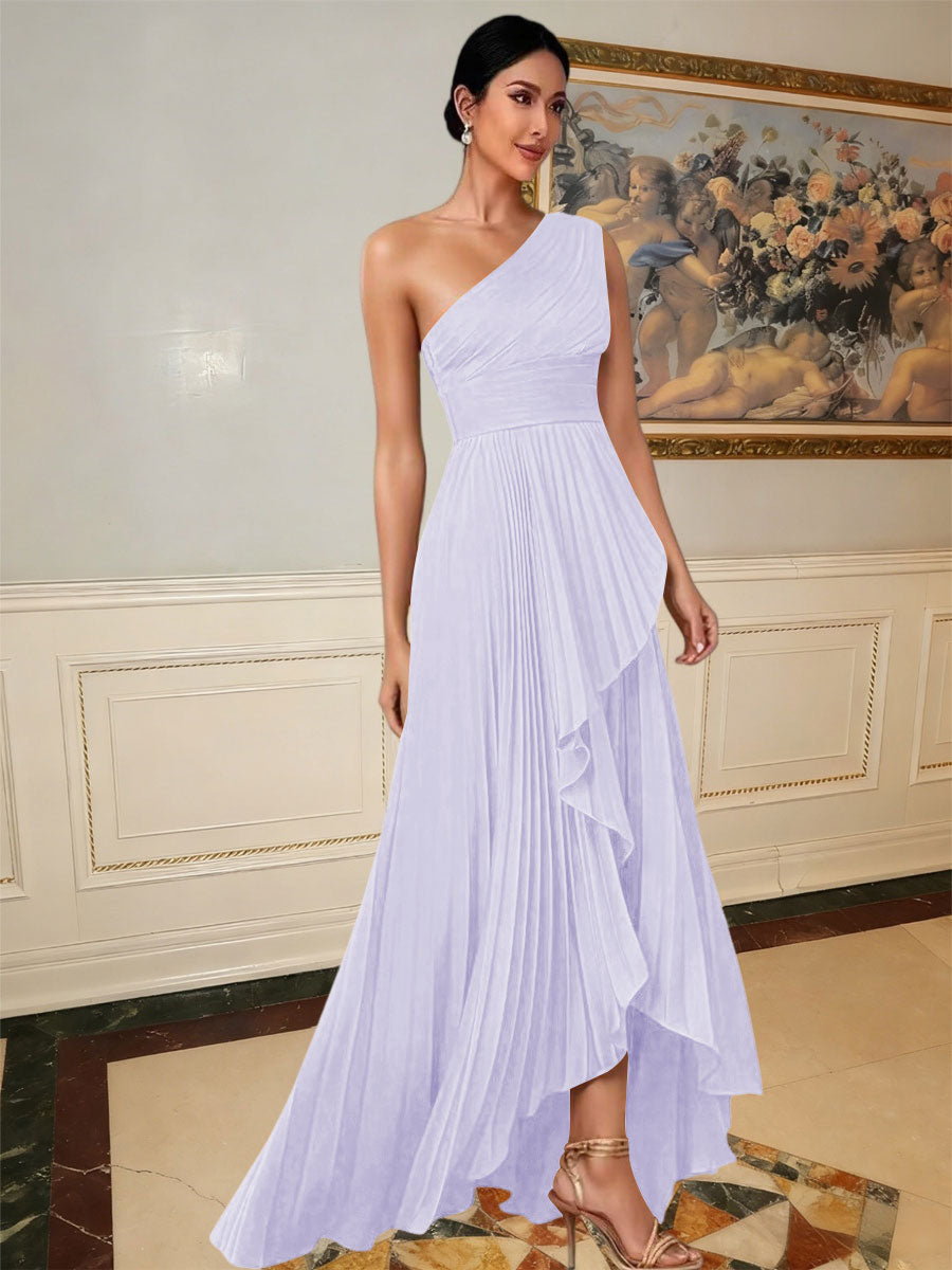 A-Line/Princess One Shoulder Pleated Satin Floor-Length Formal Dresses with Ruffle
