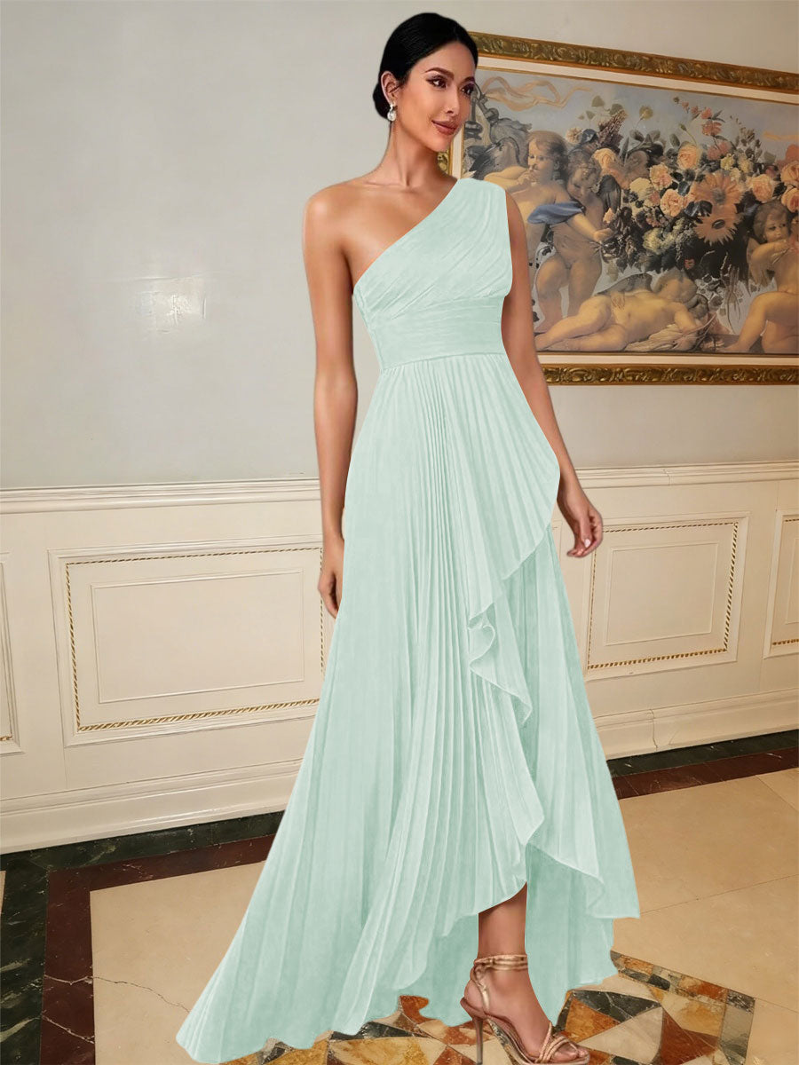 A-Line/Princess One Shoulder Pleated Satin Floor-Length Formal Dresses with Ruffle