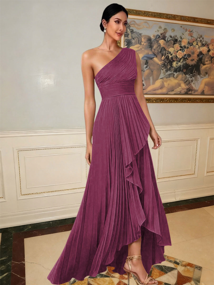 A-Line/Princess One Shoulder Pleated Satin Floor-Length Formal Dresses with Ruffle