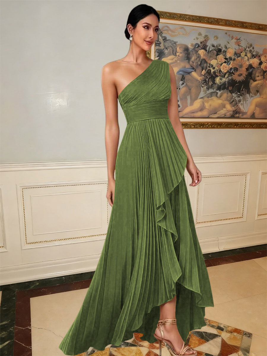 A-Line/Princess One Shoulder Pleated Satin Floor-Length Formal Dresses with Ruffle
