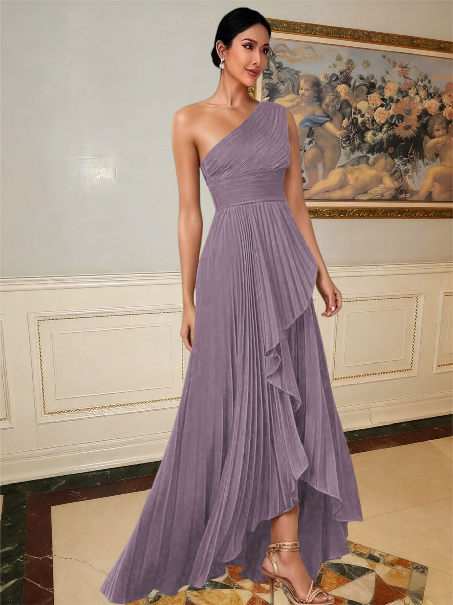 A-Line/Princess One Shoulder Pleated Satin Floor-Length Formal Dresses with Ruffle