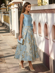 A-Line/Princess Elegant Cocktail Dresses Satin Jacquard Tea-Length with Bowknot