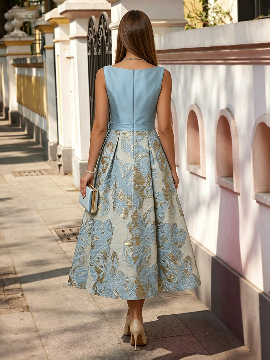 A-Line/Princess Elegant Cocktail Dresses Satin Jacquard Tea-Length with Bowknot