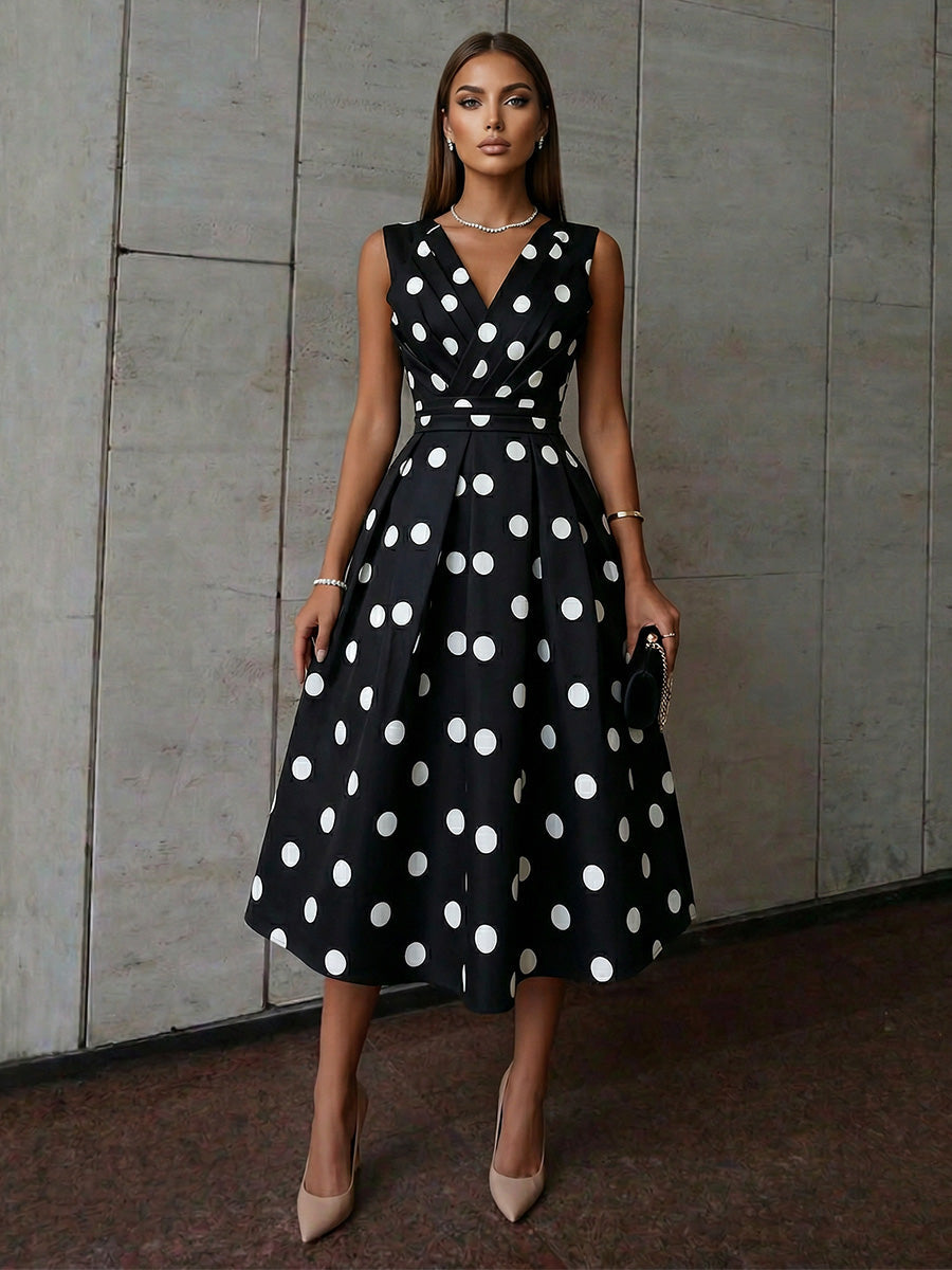 A-Line/Princess Elegant Cocktail Dresses Satin V-Neck Tea-Length Polka Dots Sleeveless