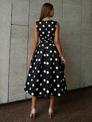 A-Line/Princess Elegant Cocktail Dresses Satin V-Neck Tea-Length Polka Dots Sleeveless