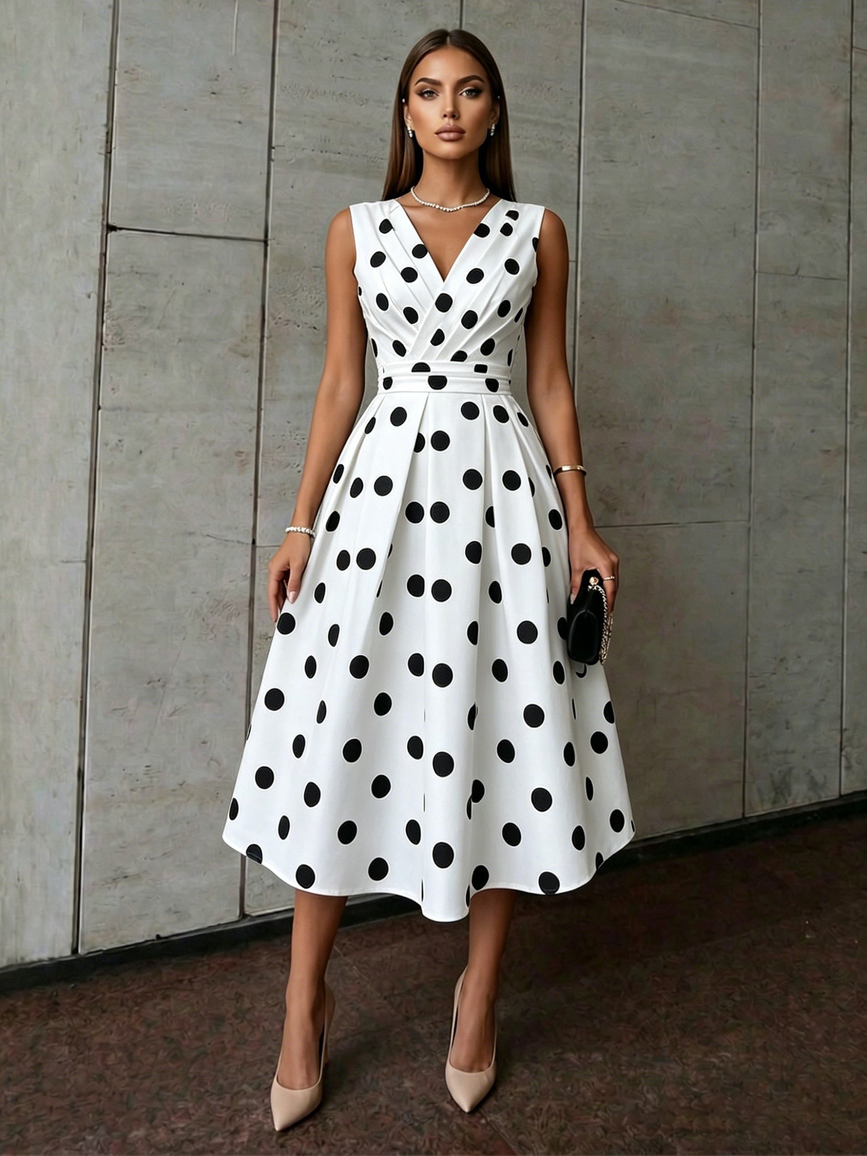 A-Line/Princess Elegant Cocktail Dresses Satin V-Neck Tea-Length Polka Dots Sleeveless