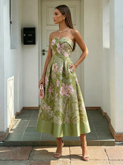 A-Line/Princess Elegant Cocktail Dresses Strapless Satin Jacquard Tea-Length Sleeveless