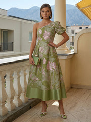 A-Line/Princess Elegant Cocktail Dresses One Shoulder Satin Jacquard Tea-Length