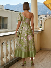 A-Line/Princess Elegant Cocktail Dresses One Shoulder Satin Jacquard Tea-Length