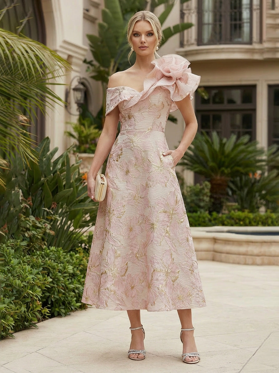 A-Line/Princess Elegant Cocktail Dresses Off Shoulder Jacquard Tea-Length Flower